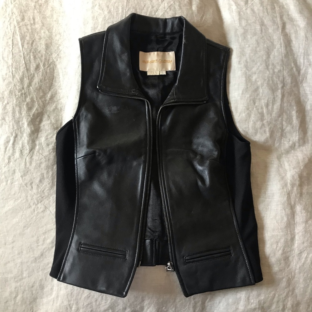 Black Leather Vest Zip Up moto vintage small